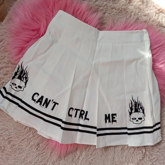 Pleated "Can't control me" cyber goth skirt w flaming skulls! SOLD@hosted store - Picture 6 of 6